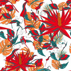 Beautiful exotic floral seamless pattern with monstera deliciosa, aloe vera, fern leaves. Hand drawn vector illustration.