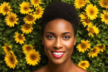 A young adult woman smiles cheerfully while looking at the camera, surrounded by a fresh yellow flowering plant in all its beauty. African American woman yellow flowers. Generative AI