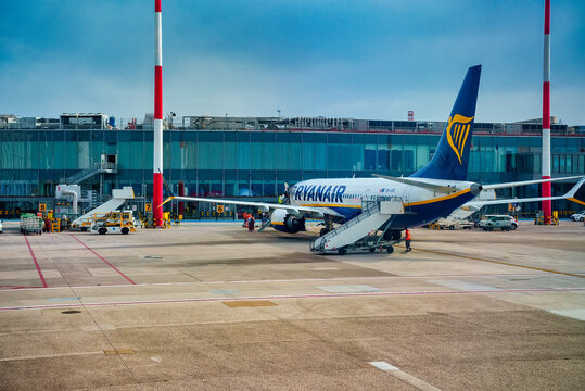 Italy, Naples - 24.10.2022: Ryanair plane at Capodichino airport.