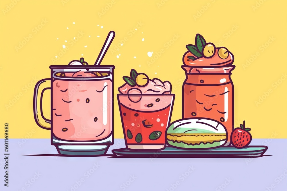 Poster a couple of cups that are sitting on a table with a plate of food in front of them and a jar with a 