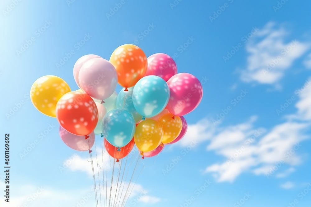 Poster a bunch of balloons floating in the air on a sunny day with a blue sky in the background of the pict