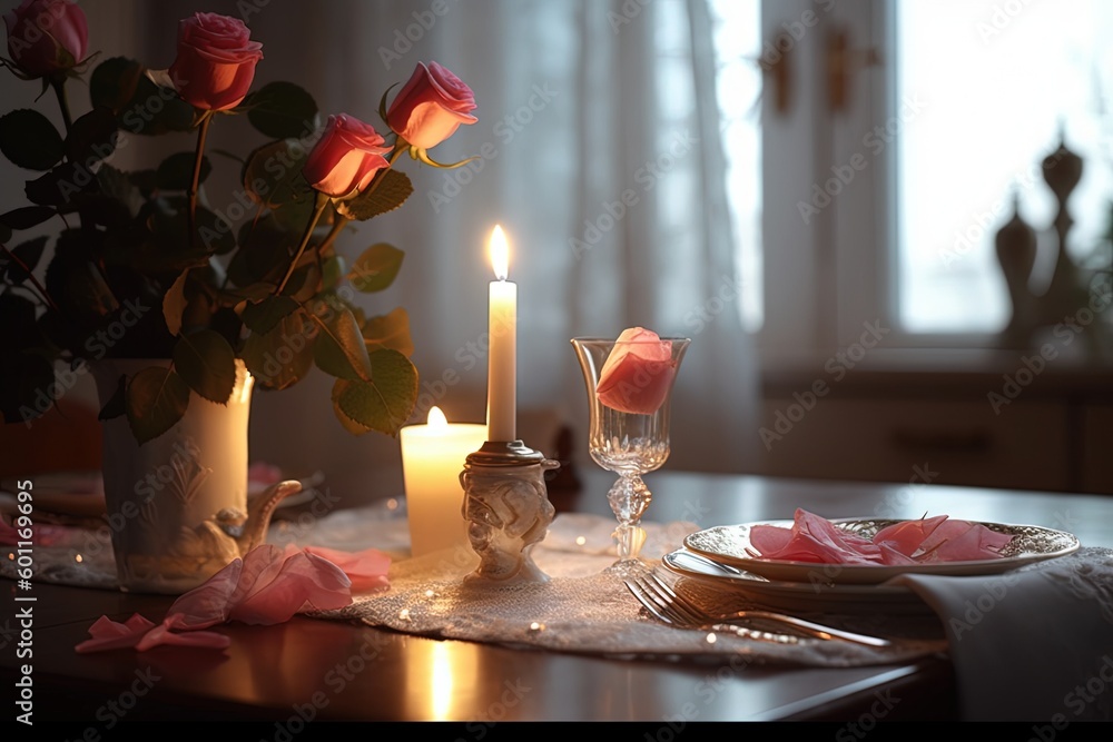 Poster a table with a candle and a vase with roses on it and a plate with a candle on it and a vase with ro