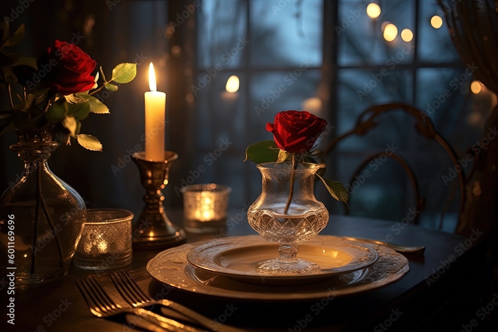 Poster a table with a plate and a vase with a rose in it and a candle in the middle of the plate and a vase