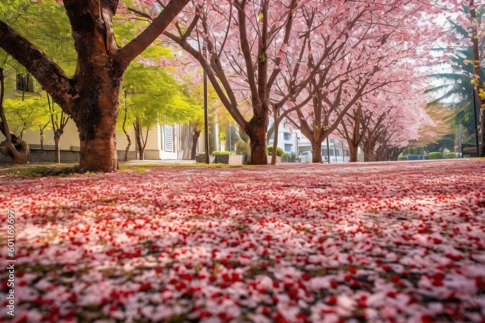 Poster a carpet of flowers on the ground in front of a tree with pink flowers on it and a building in the b