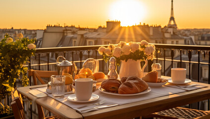 Delicious breakfast table french on a balcony in the morning sunlight. Beautiful view on the Eiffeltower. cozy romantic view in Paris - obrazy, fototapety, plakaty