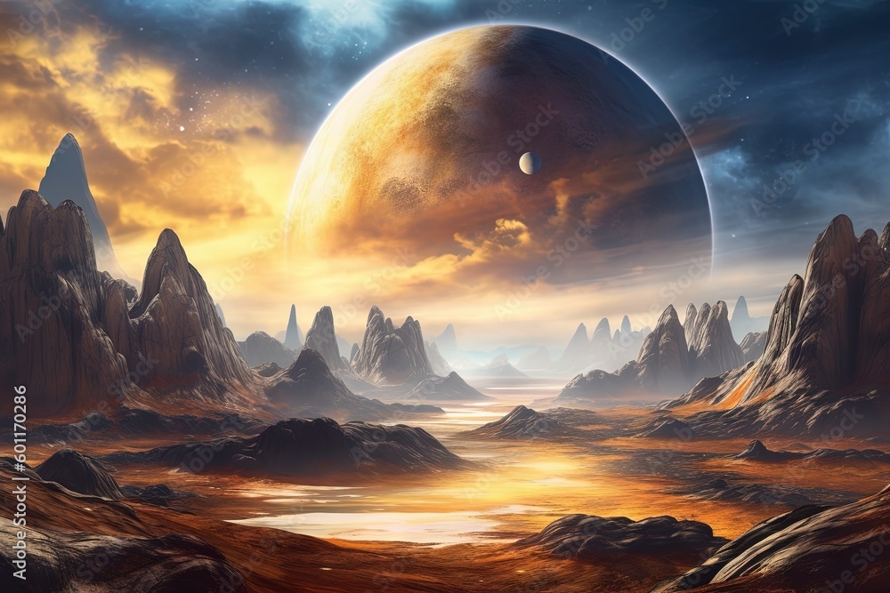 Poster a painting of a planet with mountains and a body of water in the foreground and a distant planet in 
