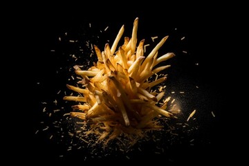 Fries go boom in oil, spin on black background. Generative AI