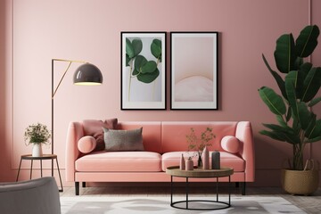 Living room mock-up with two frames, pink sofa, plant and lamp on beige wall. Generative AI