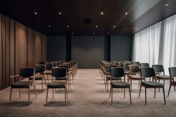 Realistic image of empty presentation room with chairs. Generative AI