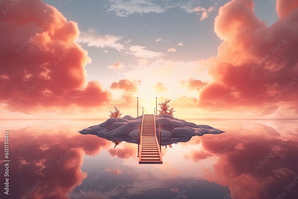 Aufkleber a surreal scene with a stairway leading to a small island in the middle of the water with a sunset i