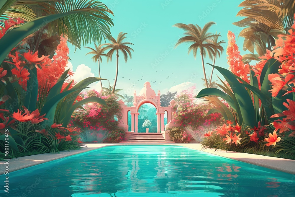 Poster a painting of a pool surrounded by palm trees and flowers with a man in the doorway of the pool in t