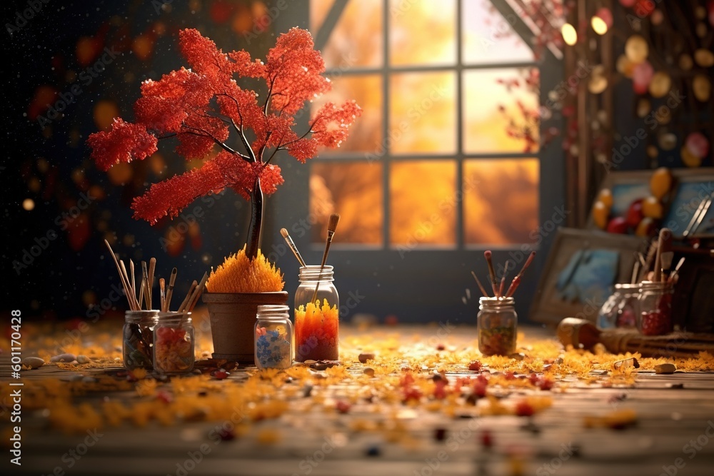 Poster a vase with a tree in it sitting on a table with candles and other items around it and a window in t