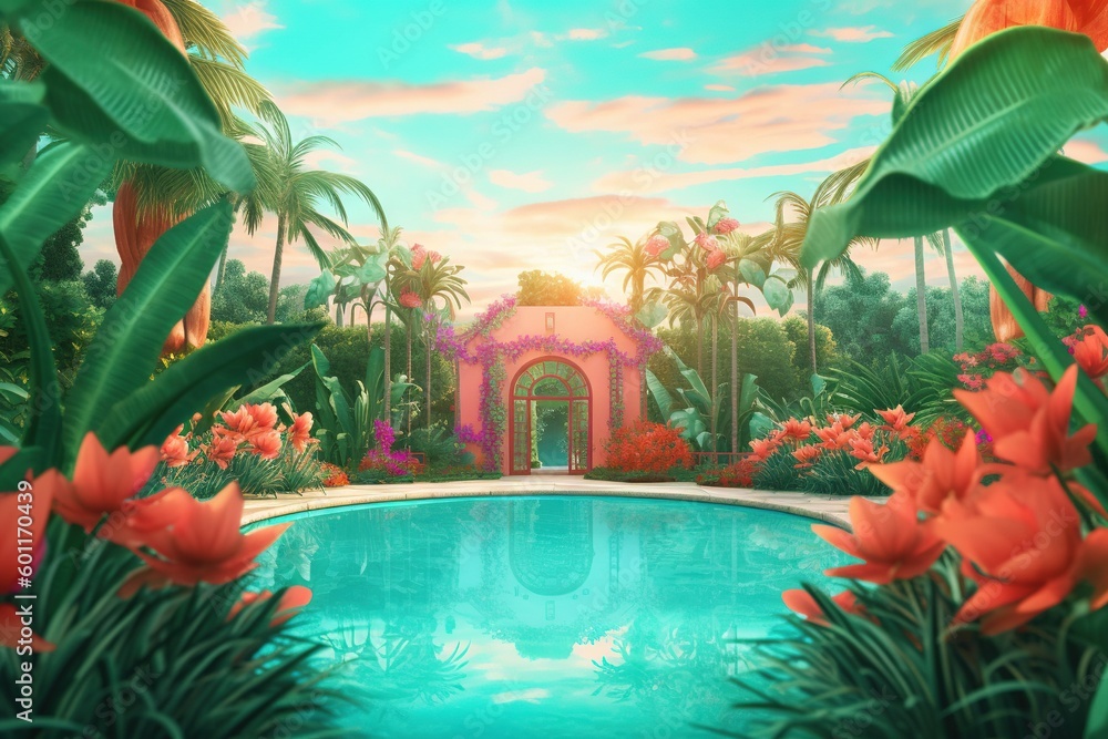 Poster a painting of a pool surrounded by palm trees and flowers with a gazebo in the background with a sun