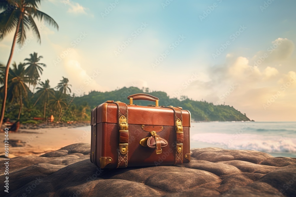 Poster a brown suitcase sitting on top of a rock near the ocean and a beach with a palm tree in the backgro