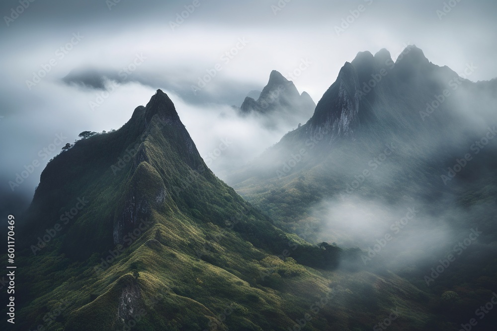 Poster a very tall mountain covered in fog and low lying clouds in the distance with a few trees on the top