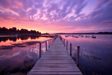  a dock that is next to a body of water with boats in the water and a sunset in the sky behind it and clouds in the sky. generative ai
