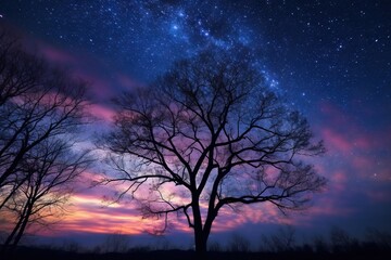  a tree with no leaves and a night sky with stars in the background with a purple and blue hued sky with stars and clouds. generative ai