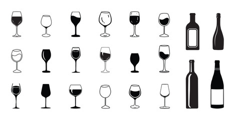 wine glass and bottle silhouette  - obrazy, fototapety, plakaty