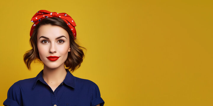 Attractive young, brunette woman wearing red lipstick, navy blue top and red headband. Isolated on yellow background. Energetic, vivid banner for makeup, cosmetics, fashion etc.