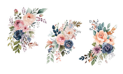 Angled frame with roses, spring blossom bloom , branches with mauve, pink apple tree flowers, buds, green leaves on white background. Digital draw, illustration in watercolor style, vintage, vector