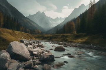 Scenic alpine vistas with majestic peaks, flowing rivers and diverse fauna. Generative AI