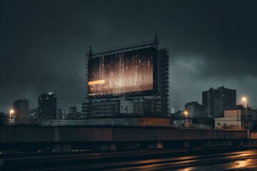 Empty billboard on top of the building against dark sky, a great design template for advertising. Generative AI