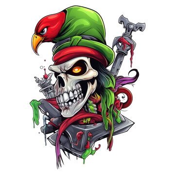 A whimsical pirate-themed design with a cartoonish pirate character hanging from a mast, with a cutlass in their teeth and a green parrot on their shoulder, the pirate has a red bandana, Generative Ai