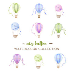 Vector hot air balloon designs in various watercolor styles for graphic designs and cards