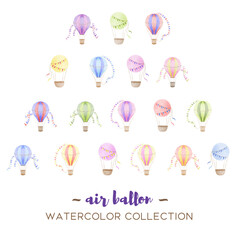 Vector hot air balloon designs in various watercolor styles for graphic designs and cards