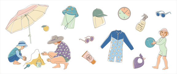 woman, boy and girl on the beach, set elements about protective measures against the solar radiation and UV ultraviolet on the beach for kids