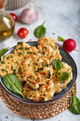Chicken cutlets with spinach. Pan-fried steaks from chopped or minced meat. Healthy dinner for the family. 