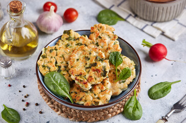 Chicken cutlets with spinach. Pan-fried steaks from chopped or minced meat. Healthy dinner for the family. 
