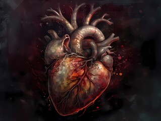 A dramatic and emotional image of a human heart presented in a powerful and evocative way, using a mix of realistic and stylized elements. Generative ai.