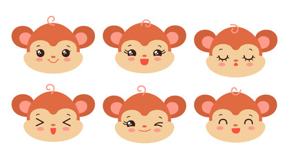 Cute monkey emoji icon set. Kawaii jungle animal icons. Messenger emoji. Kawaii chimp emoticon smiling. Happy facial expressions. Cartoon animals vector signs. Chibi anime monkeys emoticons.