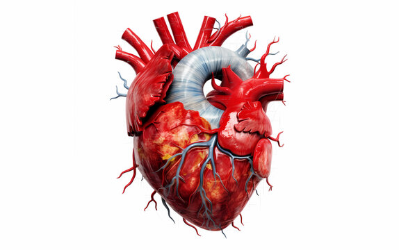 A highly detailed and realistic medical image of a human heart, shown in anatomy and physiology of the organ. Generative ai. 3D style. Isolated on white background.