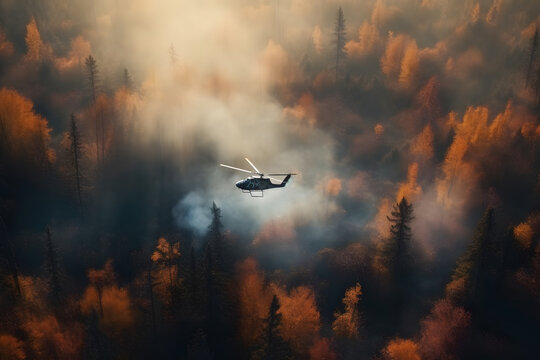 a helicopter puts out a fire by flying over the forest. Generative AI © Kordiush