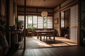 Fototapeta na wymiar Japanese-style interior with modern living and eating areas, wood floor, tatami mats, and traditional door. Generative AI