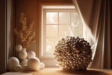 3D rendering of an abstract brown interior with white spheres and a window. Generative AI