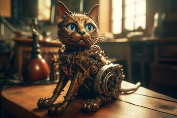 Surreal vintage-style mechanical cat in a steampunk fashion. Generative AI