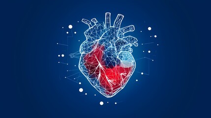 Human heart anatomy form lines and triangles, point connecting network on blue background. Illustration. Generative Ai.