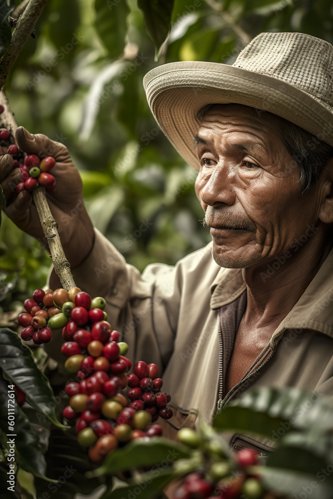 Poster a man in a hat is picking coffee beans from a tree. generative ai.