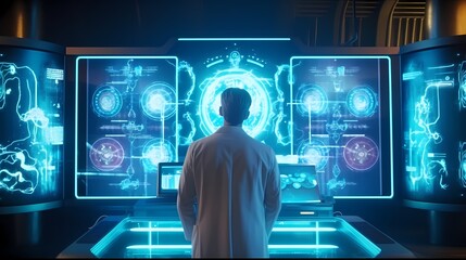 Heart hologram and doctor, heart disease. Health care of the future. Modern Medical Science, Hi Tech Diagnostic Panel. Mixed medium, copy space. Generative Ai.