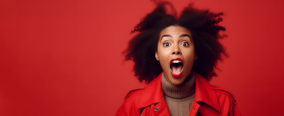 Portrait of excited overjoyed and shocked young black woman. Unbelievable. Looking at camera and spreading hands. Isolated on background. Advertising. Generative Ai.