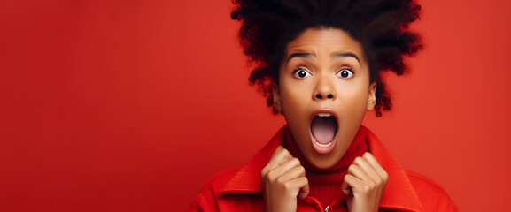 Fototapeta premium Portrait of excited overjoyed and shocked young black woman. Unbelievable. Looking at camera and spreading hands. Isolated on background. Advertising. Generative Ai.