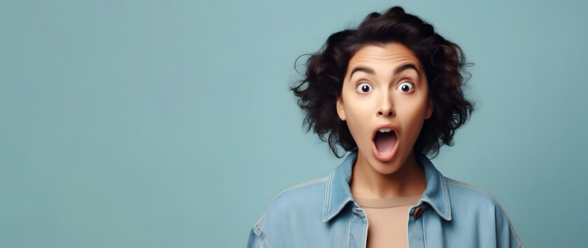 Portrait of excited overjoyed and shocked young indian woman. Unbelievable. Looking at camera and spreading hands. Isolated on background. Advertising. Generative Ai.