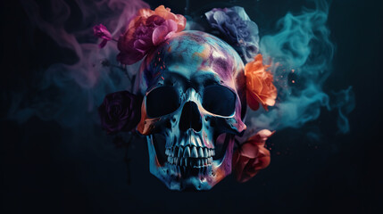 A skull with sunglasses and flowers on its head. Generative AI.