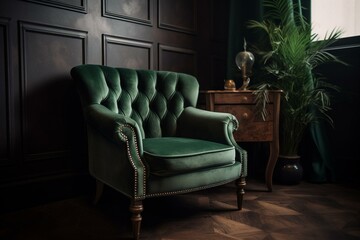Green armchair living room. Generative AI