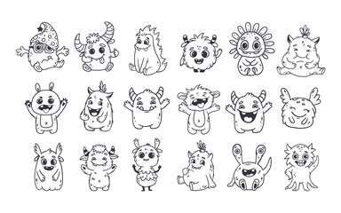 Obraz premium Big set of cartoon monsters. Cute monsters doodle. Kids funny character design for posters, cards, magazins. Line. 
