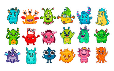  Big set of cartoon monsters. Cute monsters. Kids funny character design for posters, cards., magazins. 