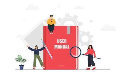Happy tiny people standing near user manual book, guide instruction or textbooks with magnifying glass, specifications user guidance document, flat vector illustration